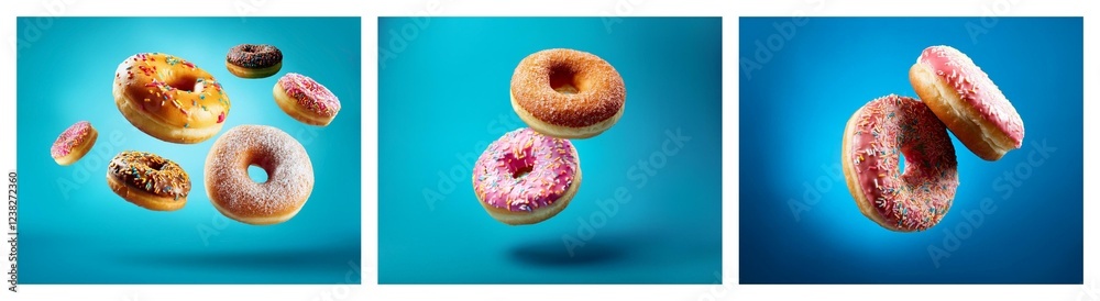 Fototapete a vibrant trio of images showcases assorted donuts in mid-air against a bright blue backdrop. each i