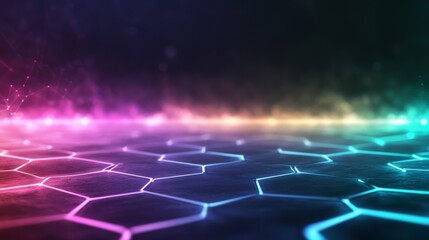 Abstract Hexagon Network Glowing in Dark with Colorful Smoke