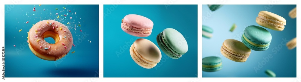 Poster A vibrant image showcasing the delightful dance of pastries against a blue backdrop. Donuts and macarons float, creating a tempting visual treat. Sprinkles add a touch of whimsy.