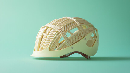 Fototapeta premium A wooden helmet with a mesh design sits on a green background