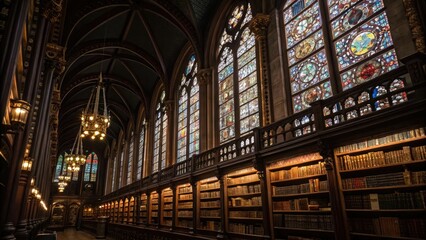 Obraz premium Majestic stained glass windows filter the starlight as they illuminate shelves of rare and precious volumes, library, stained glass artistry, starry sky ceiling, precious volumes
