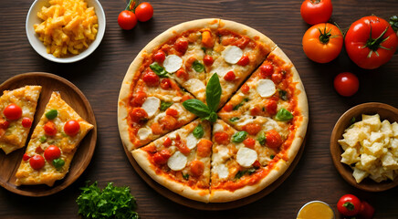 High angle view of delicious fresh pizza with various toppings on table, served with french fries and dipping sauces, in a wooden tray, in a warm lighting atmosphere, perfect for a party.