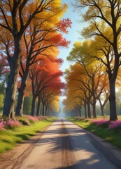 Fototapeta premium Majestic trees with vibrant spring colors along a rustic country road , natural, blooming, trees