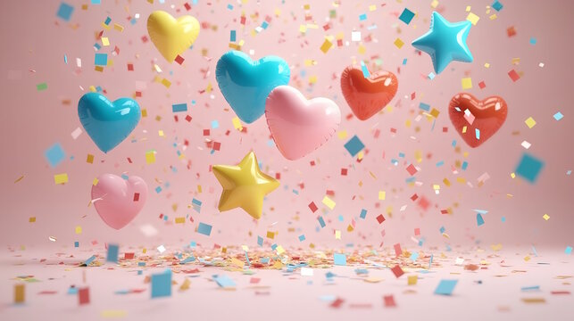 Festive pastel  heart shaped balloons with confetti on clean background,  perfect for celebrations and Birthday parties, Holiday banner.
