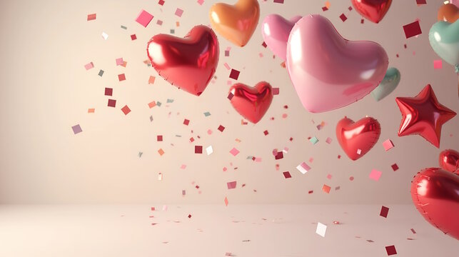 Festive pastel  heart shaped balloons with confetti on clean background,  perfect for celebrations and Birthday parties, Holiday banner.