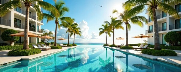 Fototapeta premium Palm trees swaying in the breeze next to a hotel pool, serene landscape, serenity