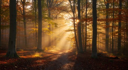 Obraz premium Magical Autumn Forest Path Sunbeams Landscape Photography