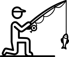 Stick man fishing. Fisherman silhouette with fishing rod on white sign, symbol, vector, art
