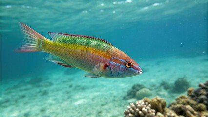 Naklejka premium Pictichromis paccagnellorum swimming in open water, Aquatic Animal, Blue Body, Pictichromis paccagnelorum, Oceanic Environment, Marine Life