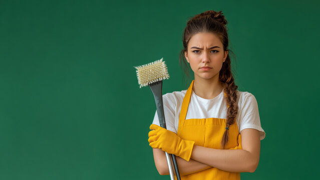 Young woman prepares for cleaning task with serious expression