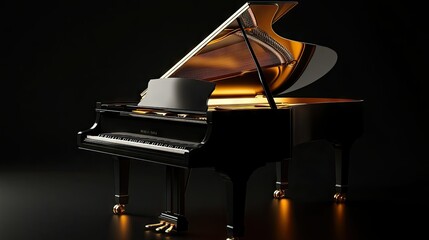 A side view of a black grand piano with its lid fully open, showing the strings and dampers inside.