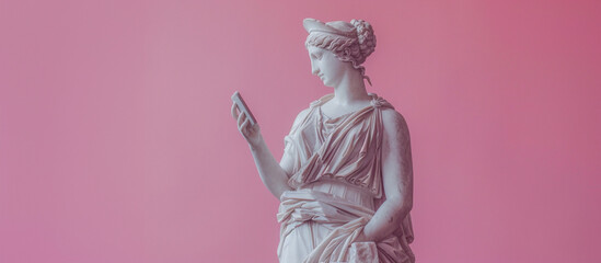 Female antique statue holding and looking at a modern smartphone on pink background, contrast between ancient art and modern technology. Innovation, history digital evolution concept. Copy paste