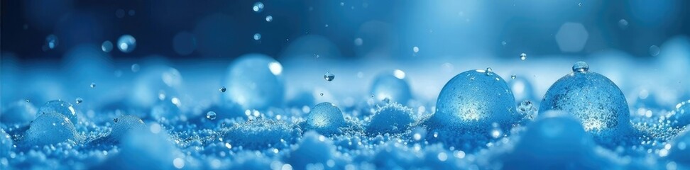 Glistening blue water droplets suspended in a frosty air, Nature Photography, Ice Cold Water, Crystal Clear