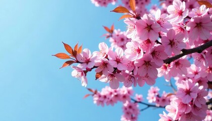 Obraz premium Pink cherry blossom tree in full bloom against a blue sky, pink flowers, colorful