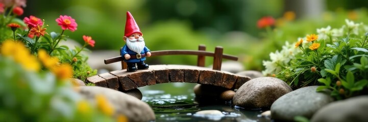 Miniature wooden bridge in a small garden with a tiny gnome on it, decorative stones, flowers, garden decor