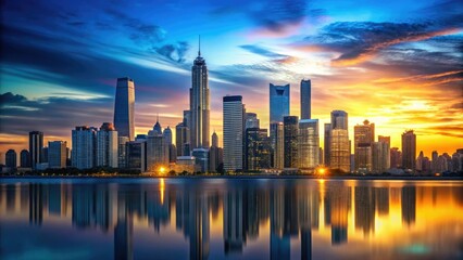 Obraz premium Minimalist cityscape at sunset with sleek skyscrapers and a dark blue sky, urban planning, dark blue, pink shades, urban landscape