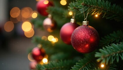 Fototapeta premium Glittering baubles on a Christmas tree amidst twinkling lights and festive greenery, winter wonderland, sparkling, baubles