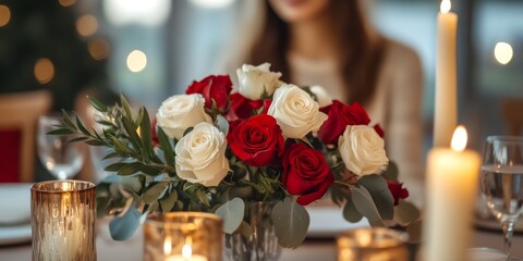 Obraz premium A beautiful arrangement of red and white roses in an elegant setting. Perfect for romantic dinners or special occasions. The soft lighting adds a warm ambiance. AI