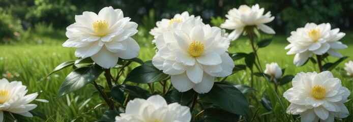 Fototapeta premium Radiant white camellias set against a backdrop of lush green grass, shrub, vivid color, botany