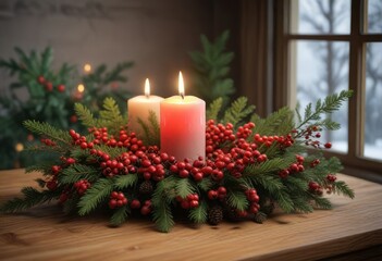 Red berries adorn the branches of a winter-coned evergreen alongside candles on a wooden table, festive, evergreen, autumn