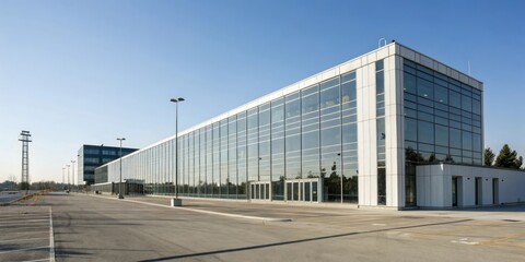 Obraz premium Modern office building with glass fa?ade under a clear blue sky, modern building, interior design, concrete