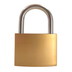 Fototapeta premium Photo of a heavy-duty 38mm iron brass padlock with a locked shackle, isolated on white background. Conceptual image.