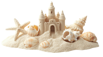 Sandcastle standing on beach with seashells and starfish on transparent background