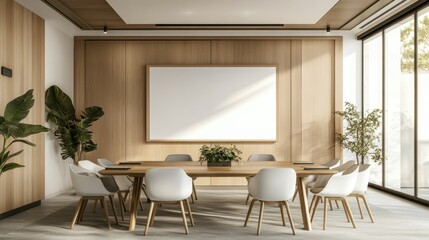 A simple yet elegant office meeting room with a clean whiteboard, natural wood elements, and stylish decor.