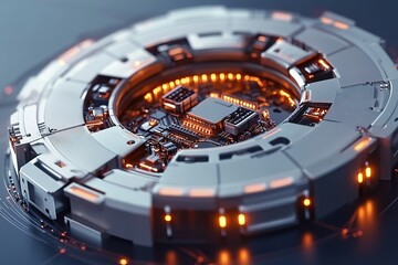 Futuristic core element with electronic circuit motion. modern conceptual hi tech, mechanical technology.