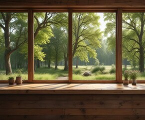 Relaxing wooden counter under a window with a view of trees, nature connection, cabin life