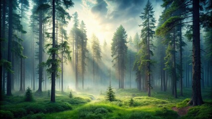 Obraz premium Moody forest landscape with misty atmosphere and towering trees, misty atmosphere, moody landscapes, towering trees, dramatic lighting
