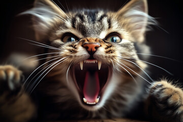 Naklejka premium Adorable Tabby Kitten Roaring with Mouth Wide Open in a Dramatic Close-up Portrait