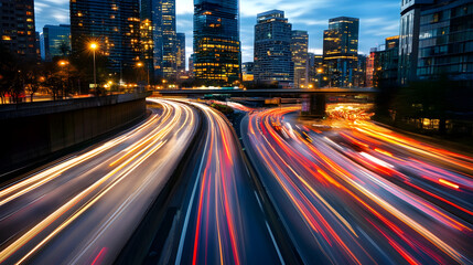 Obraz premium The motion blur of a busy urban highway during the evening rush hour. The city skyline serving as the background, illuminated by a sea of headlights and tail lights