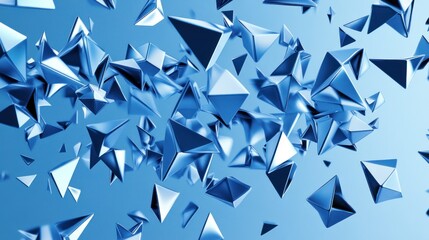 Abstract blue metallic pyramids floating in space.