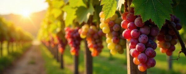 Fototapeta premium Morning sun casts a warm glow on bunches of green and red grapes suspended from a rustic wooden trellis, rustic, grapes, red