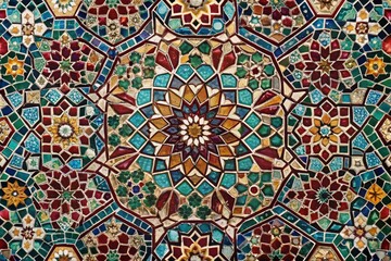 Mosaic tile pattern with intricate geometric shapes in a rich jewel-toned palette, luxury aesthetic, design element