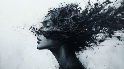Fototapeta premium Sophisticated Pencil Drawing Depicting a Woman's Profile With Abstract Elements Representing Thought and Emotion. Generative AI