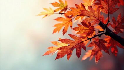 Mottled golden and crimson hues on oak branches, twigs, tree, leaves