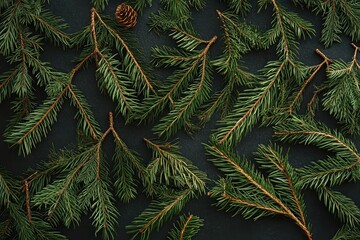 Christmas tree branches arranged in a flat-lay style for a natural holiday design concept