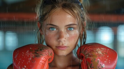 Portrait of a Confident Teenage Girl Holding Thai Pad in a Martial Arts Pose.