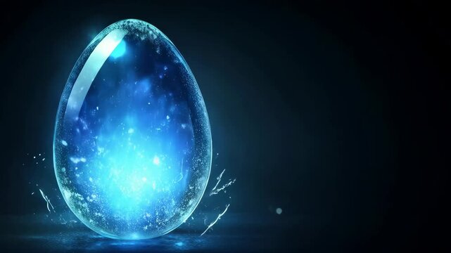 Futuristic neon glowing blue egg on dark background with copy space. Digital futuristic technology and innovation concept for celebrating Easter and tech event
