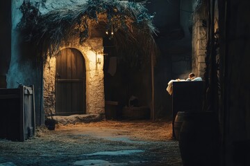 Classic stable setting symbolizing a festive nativity story in Bethlehem