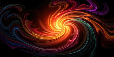Multicolored Swirls on Black Background with Glowing Center, cosmic ambiance, soothing visuals