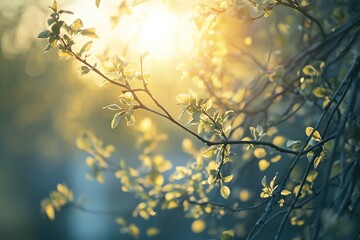Obraz premium Springtime forest with setting sun shining through leaves and branches. Nature, forestry, habitat, environment and sustainability concepts.