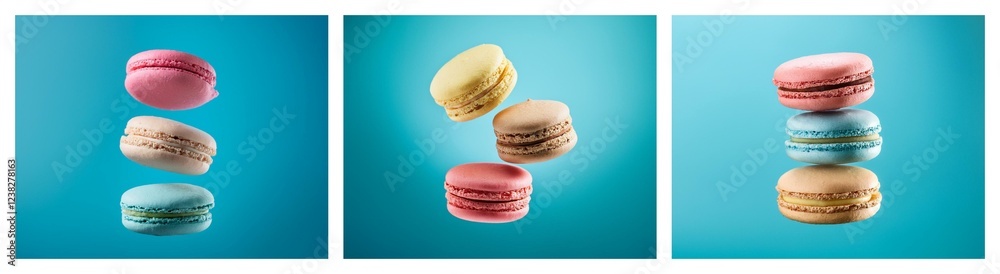 Poster three columns display colorful macarons, levitating against a vibrant blue backdrop. sweet treats in