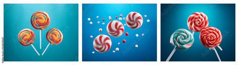 Poster Three vibrant images showcase colorful lollipops against a blue backdrop.  Swirled designs and various colors create a sweet, playful mood.