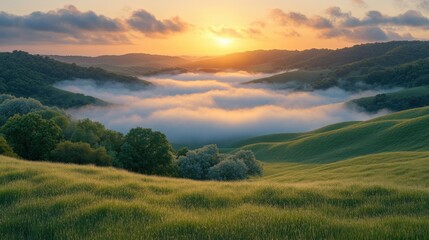 Fototapeta premium Sunrise Over Misty Valleys With Rolling Hills and Trees. Generative AI