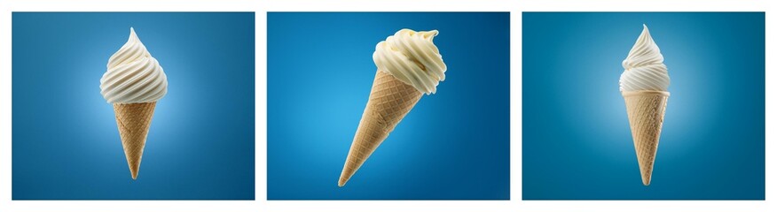Naklejka premium Three creamy, soft-serve ice cream cones on a blue background, showcasing varying sizes and swirls.