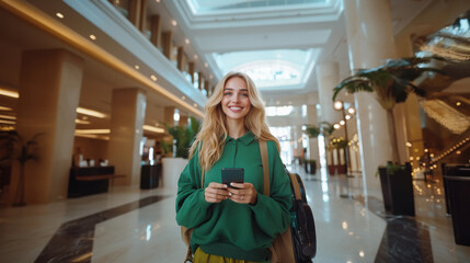 a happy european young blond woman arriving in hotel reception with green clothe holding smartphone