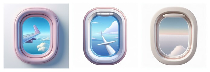 Three stylized airplane porthole views showcase serene skies, clouds, and wing details.  A calming, minimalist aesthetic.